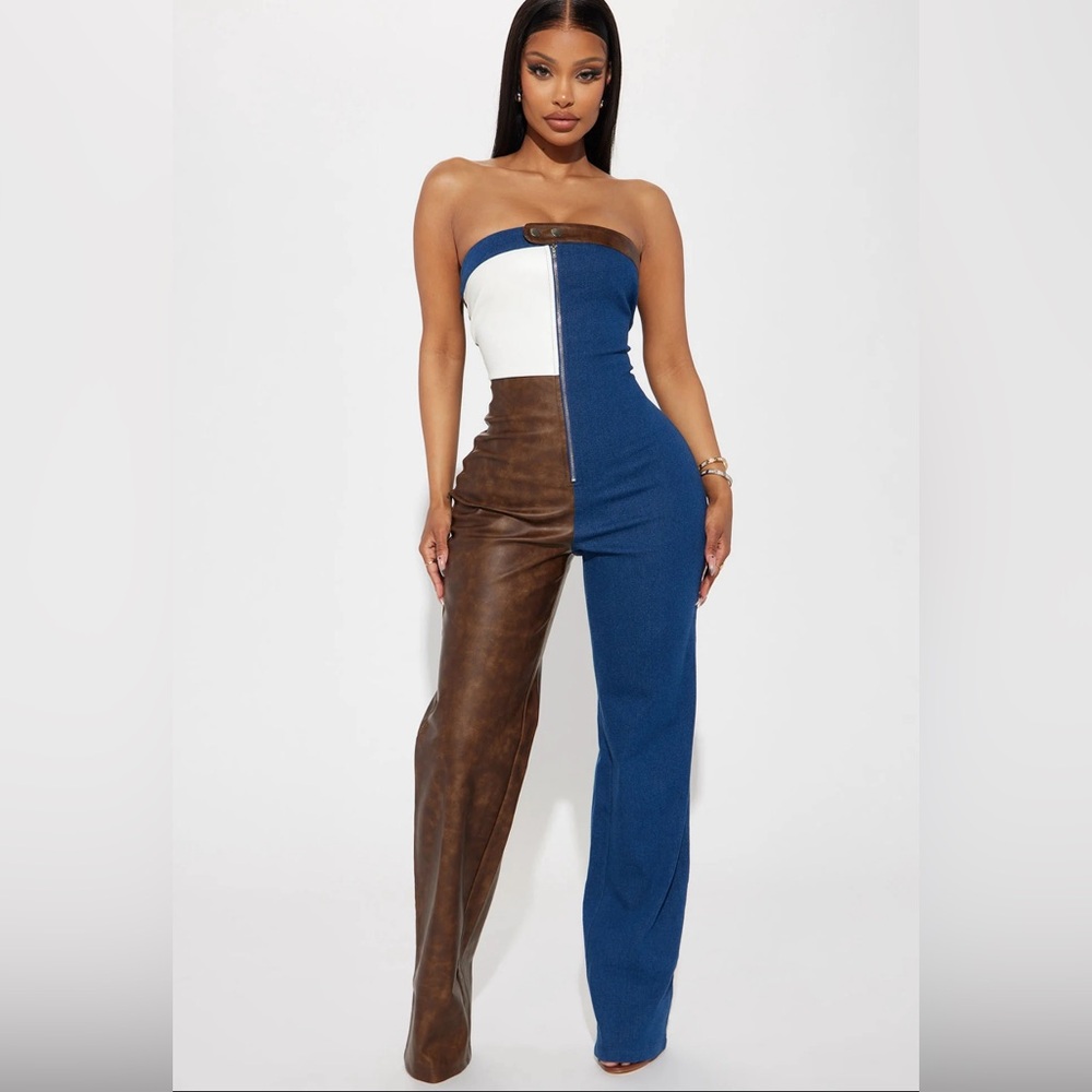 Faux Leather/Denim Jumpsuit